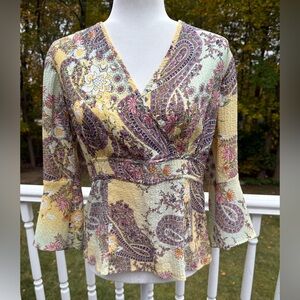 Y2K Gypsy indie  Paisley fairy flare sleeve V-Neck babydoll Blouse